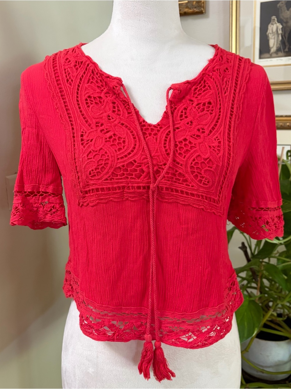 Juniper Blu SzXS Red Crochet-Trim Peasant short sleeve Top